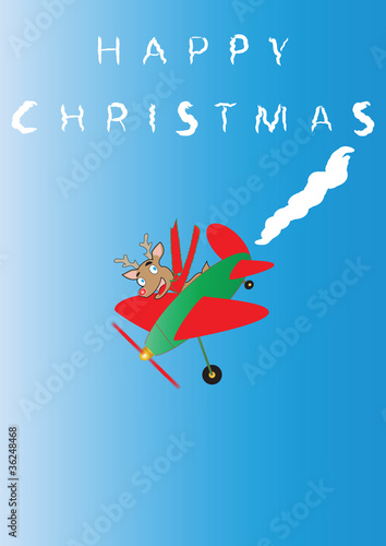 Rudolf the Reindeer in a plane sky writing Happy Christmas