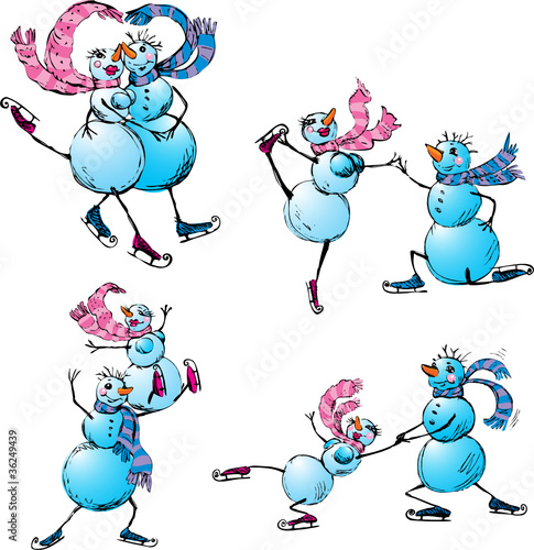 Set of skating happy couple - snowman and snow woman