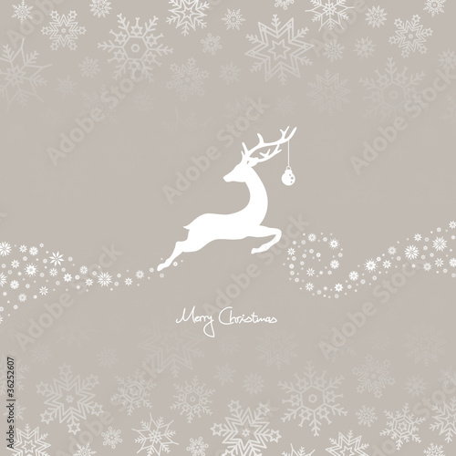 Jumping Reindeer, Christmas Ball & Snowflakes Brown Background