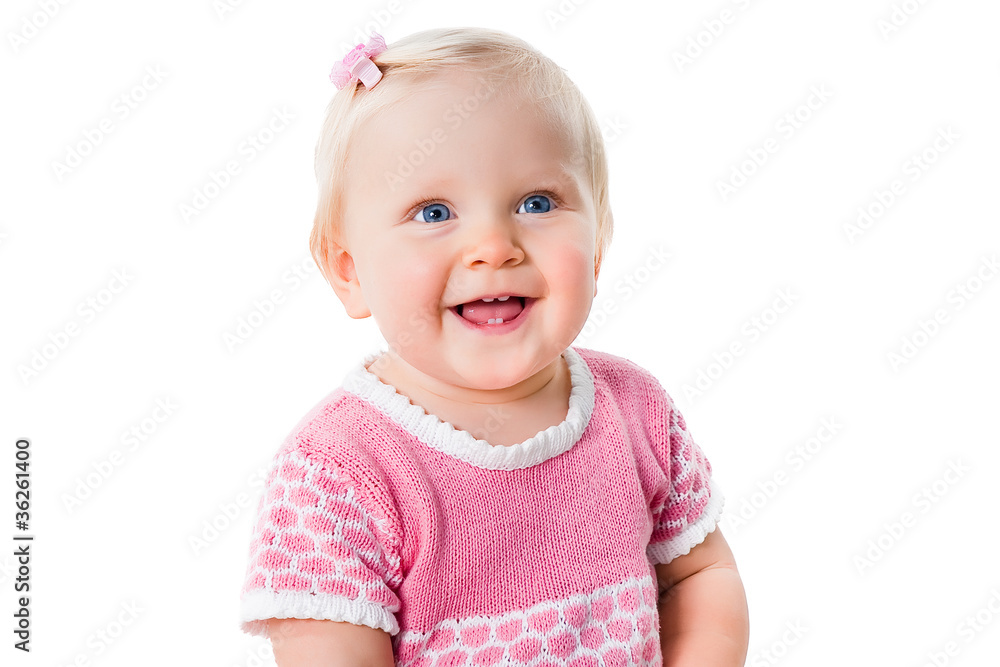 closeup portrait of smiling infant girl isolated on white backgr closeup portrait of smiling infant girl isolated on white backgr