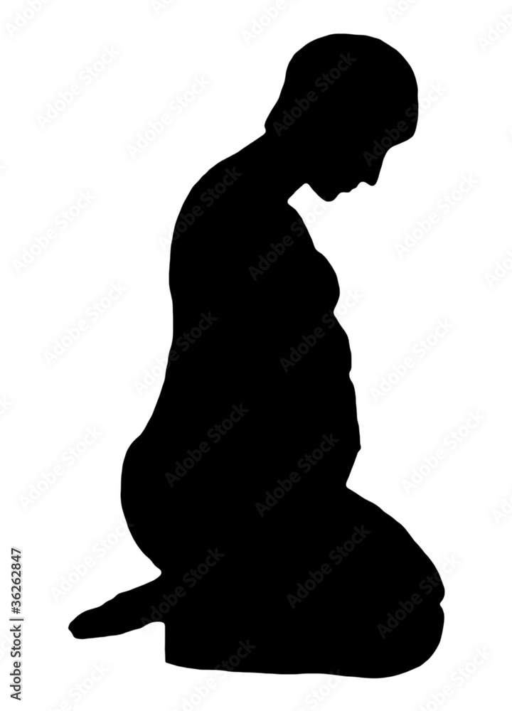 Young pregnant woman is kneeling silhouette on white background