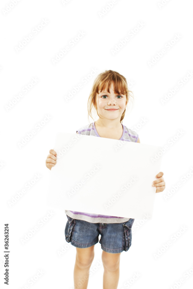 Cute little girl isolated on white background holding sign Cute little girl isolated on white background holding sign