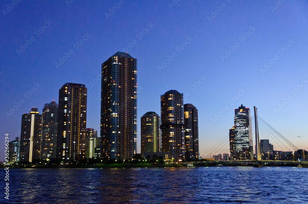 Rivercity 21 at dusk in Tokyo