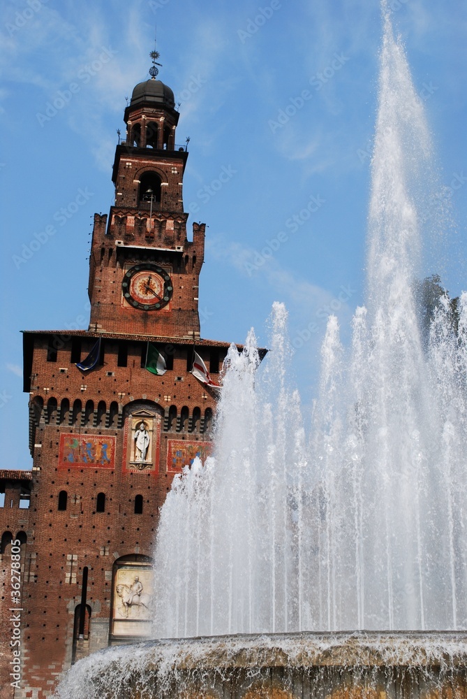 Sforza castle, Filarete tower and fountain, Milan, Italy