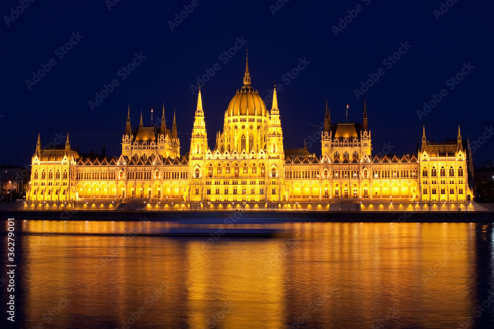 Parliament of Hungary at night in Budapest