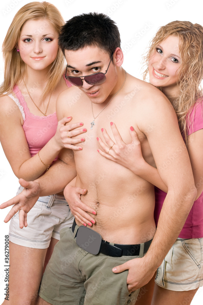 Two smiling pretty blonde women with young man Two smiling pretty blonde women with young man