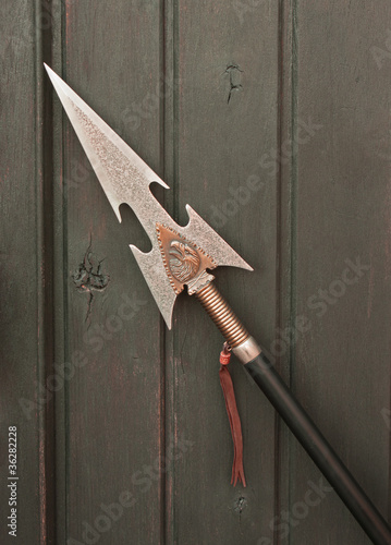 Sharp metal spear with eagle against wood planks photo