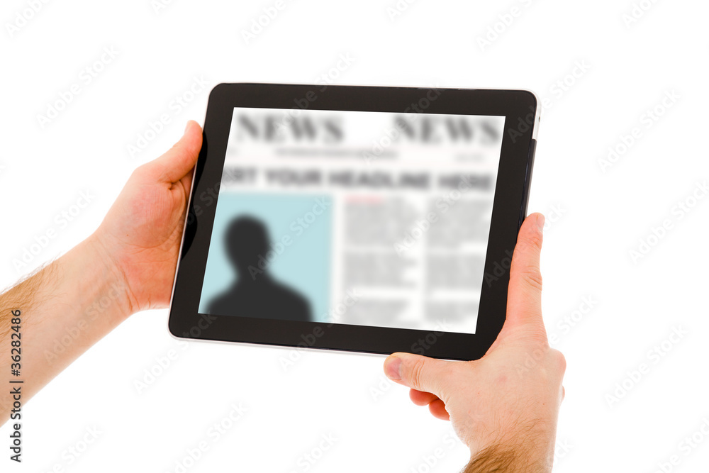 Image of man hands holding a touchpad computer and reading the n Image of man hands holding a touchpad computer and reading the n