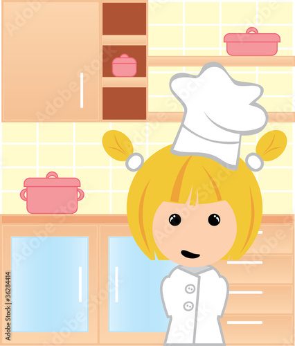 Little girl kitchen cook in a kitchen with pots