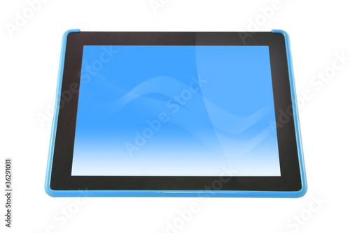 Tablet computer device blue screen on white background.