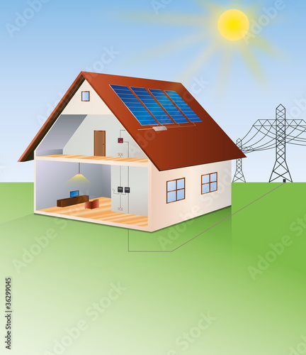 illustration of a house with solar cells on the roof