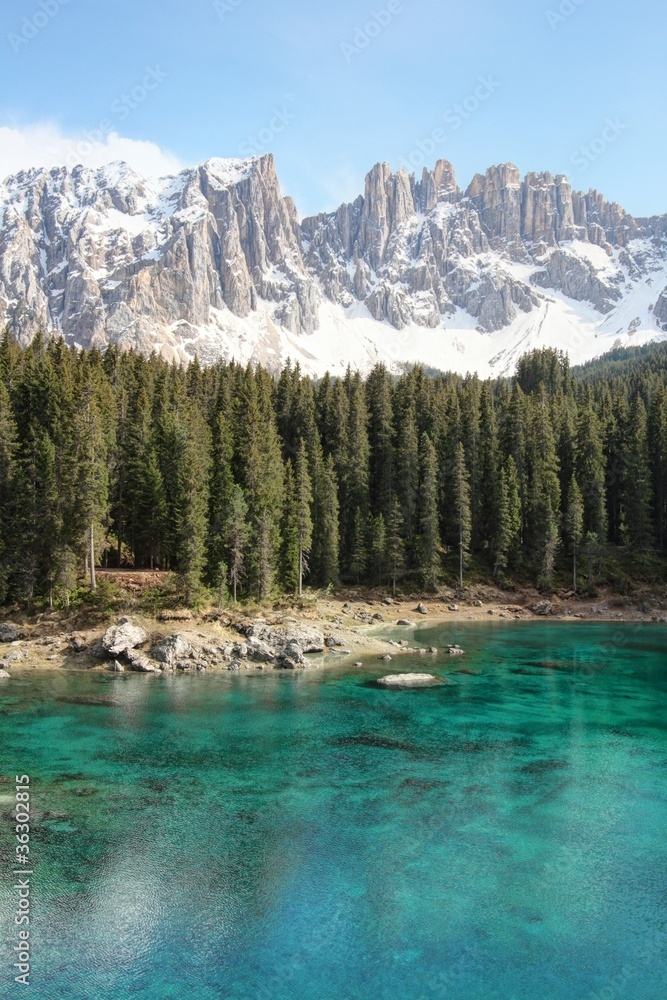 Lake Carezza and Latemar mountain of Dolomites Alps, Italy