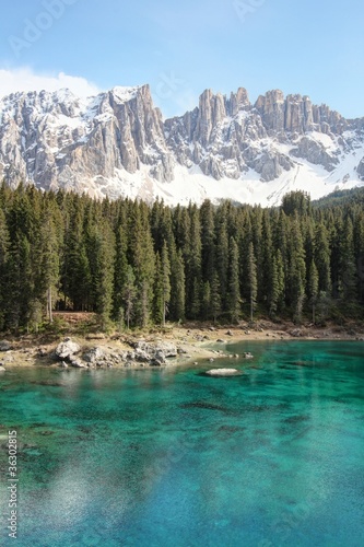 Fototapeta Naklejka Na Ścianę i Meble -  Lake Carezza and Latemar mountain of Dolomites Alps, Italy