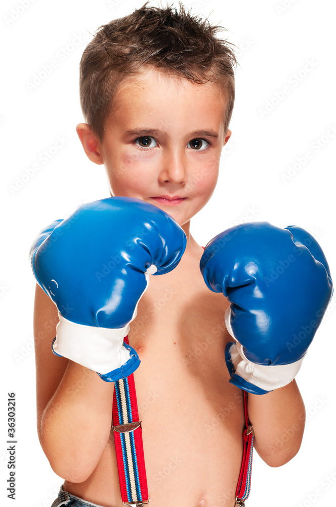 Little bully boy with black eye in boxing gloves wet Stock Photo