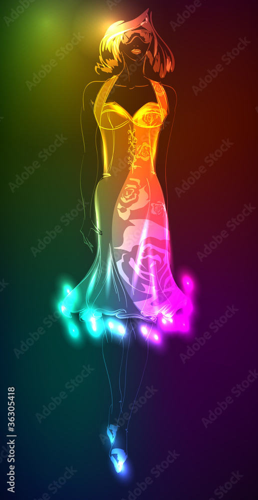Hand-drawn fashion model from a neon. A light girl's Hand-drawn fashion model from a neon. A light girl's