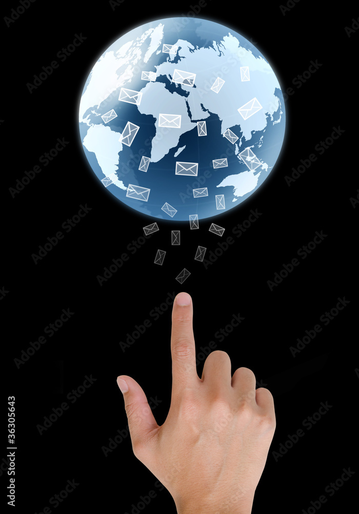 concept hand pointing a glowing earth globe and email concept hand pointing a glowing earth globe and email