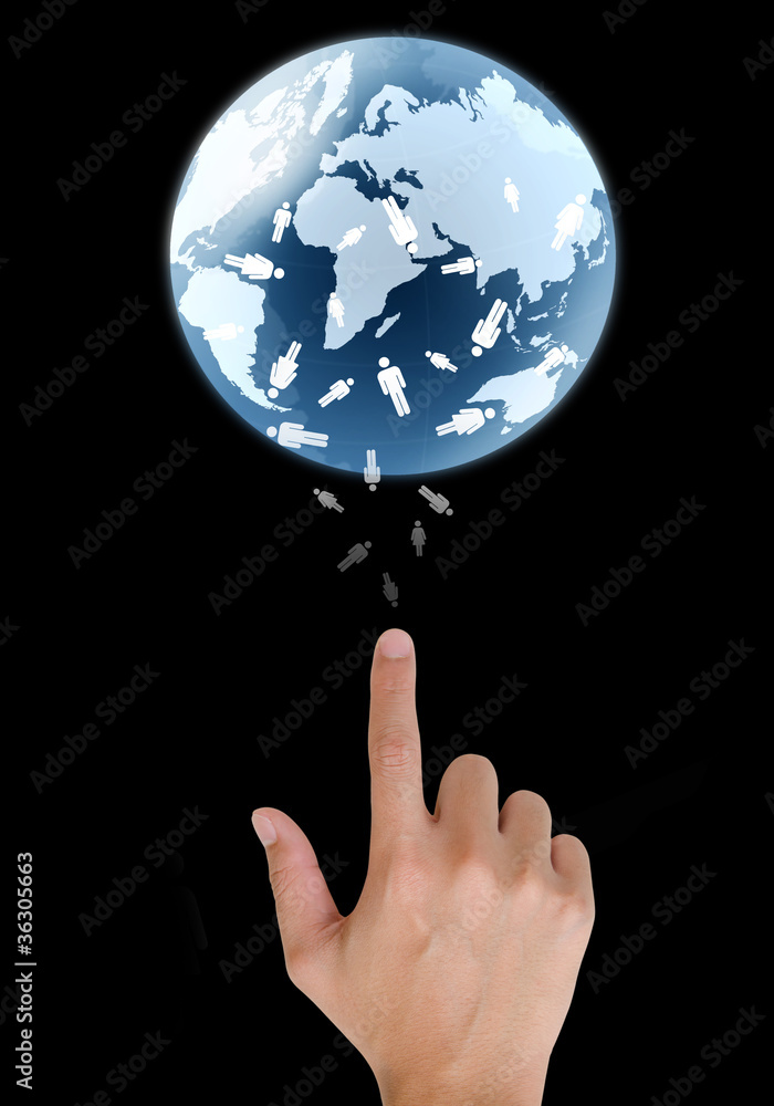 concept hand pointing a glowing earth globe and people. concept hand pointing a glowing earth globe and people.