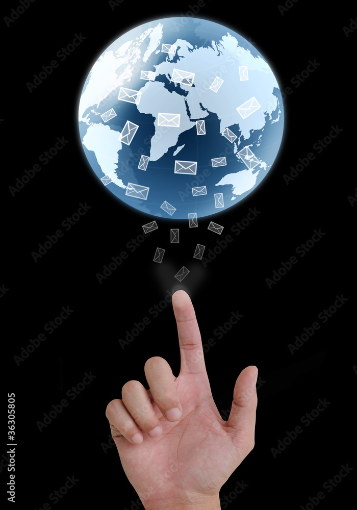 concept hand pointing a glowing earth globe and email concept hand pointing a glowing earth globe and email