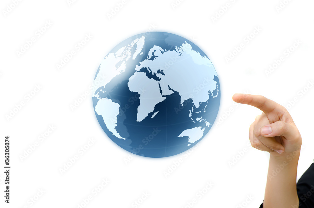 concept hand pointing earth globe.