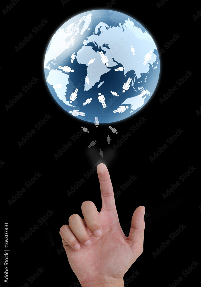concept hand pointing a glowing earth globe and people. concept hand pointing a glowing earth globe and people.