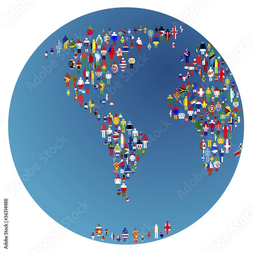 Globalisation, Earth globe with people made of flags of the worl
