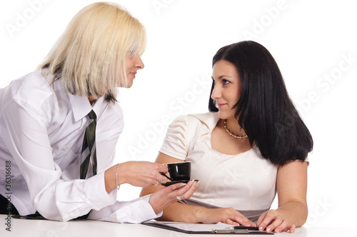 cute female couple posing at table on white