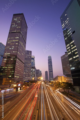 Traffic in Hong Kong downtown at sunset time