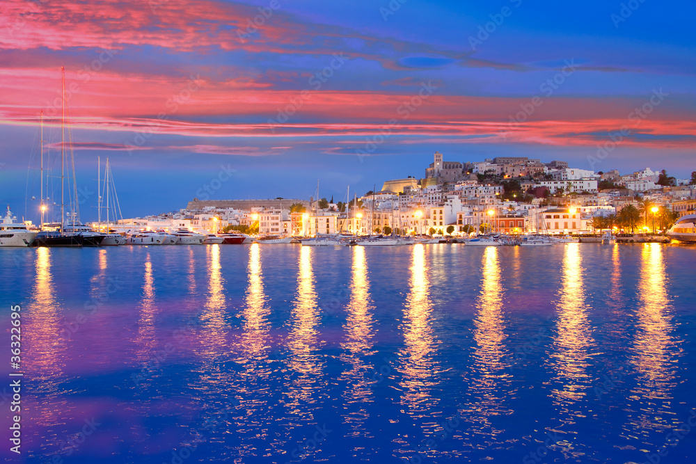 Ibiza island night view of Eivissa town - obrazy, fototapety, plakaty 