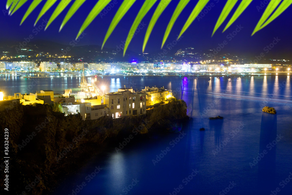 Ibiza town port blue sea night lights