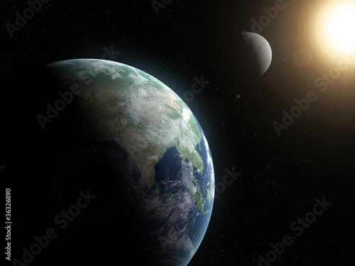 Fototapeta Naklejka Na Ścianę i Meble -  3d rendered space scene with moon, sun and earth