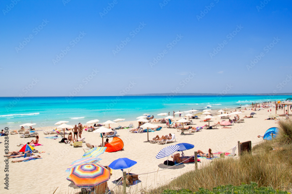 Formentera migjorn Els Arenals beach in summer Formentera migjorn Els Arenals beach in summer