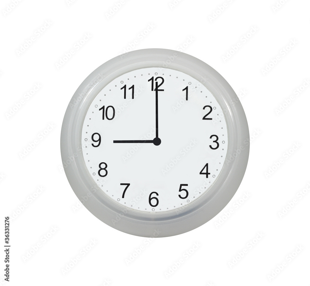 Wall clocks showing 9 o'clock isolated on white Wall clocks showing 9 o'clock isolated on white