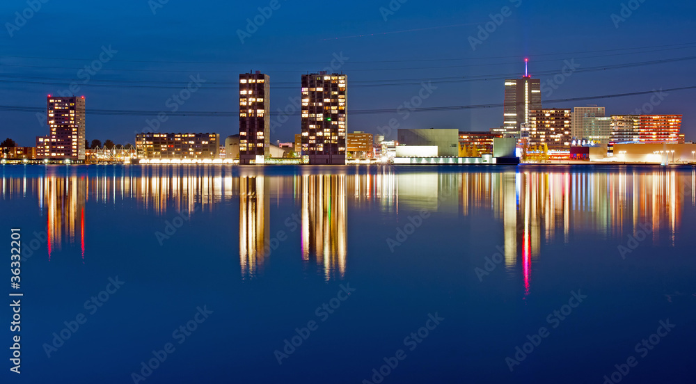 Reflection of a city at night, Almere, Holland