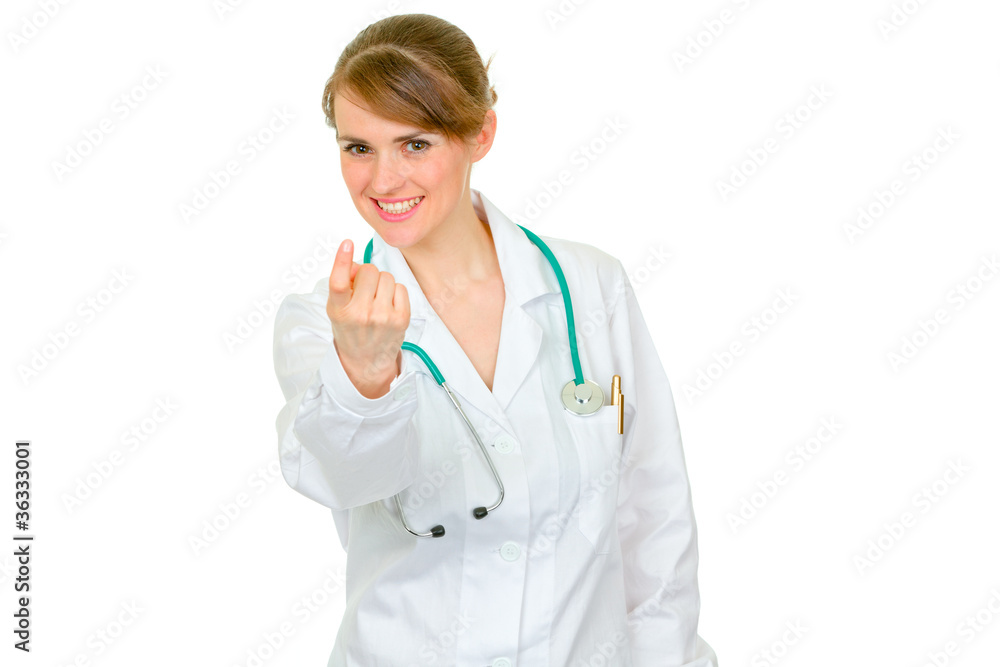 Medical doctor woman making beckoning gesture Medical doctor woman making beckoning gesture