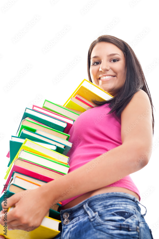 girl with big stack of books girl with big stack of books