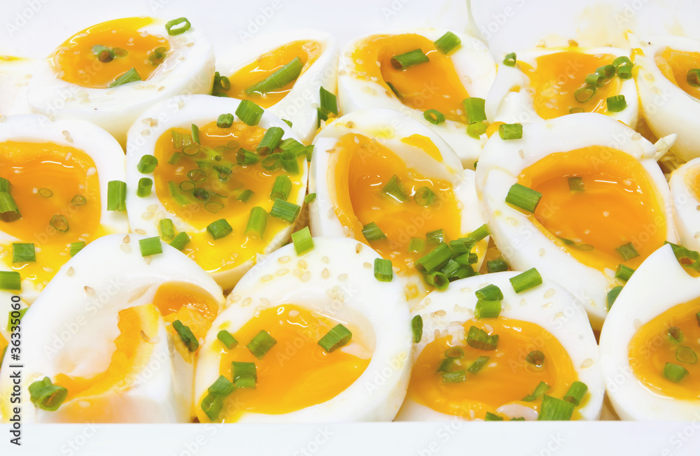Soft boiled eggs cut in half Soft boiled eggs cut in half