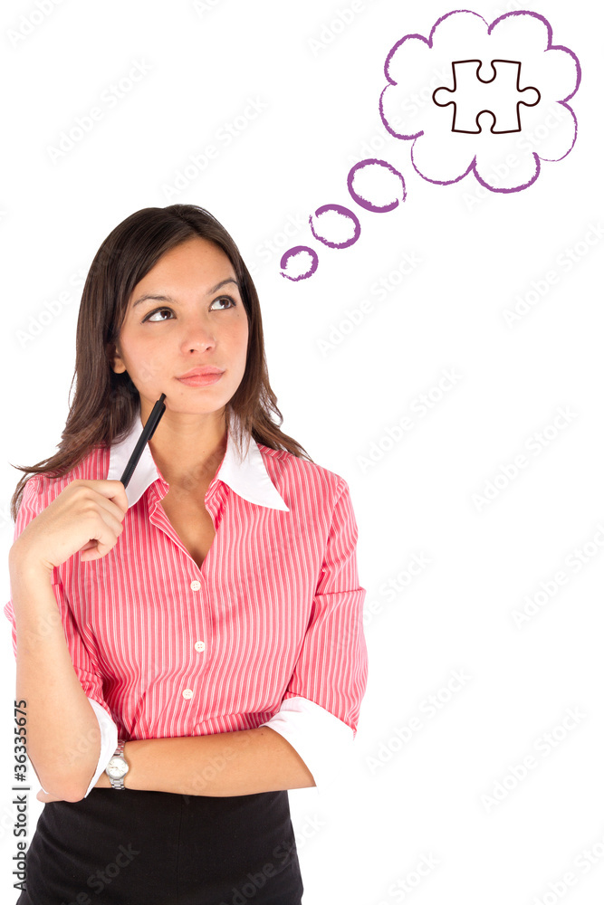 Young thoughtful business woman isolated over white background. Young thoughtful business woman isolated over white background.