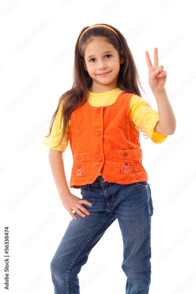 Smiling little girl with victory sign Smiling little girl with victory sign