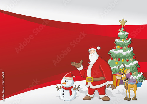 Template with Santa Claus, reindeer, snowman, and christmas tree