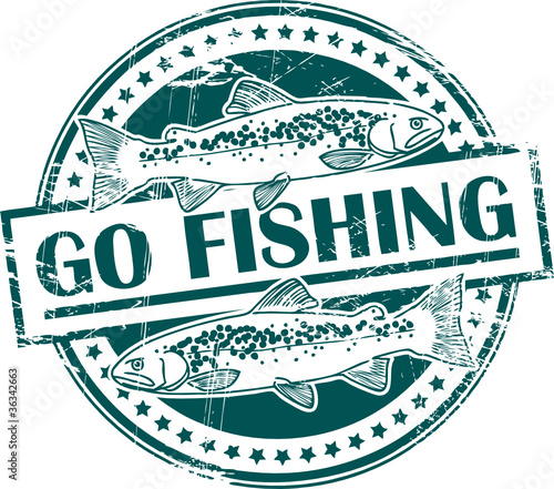 Stamp with fish shape and the text Go Fishing