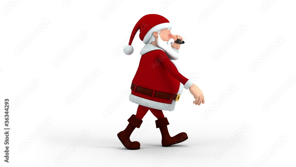 Cartoon Santa Claus walking with christmas bell - side Cartoon Santa Claus walking with christmas bell - side