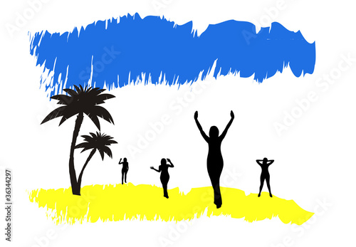 Holiday poster, summer beach and silhouette of women