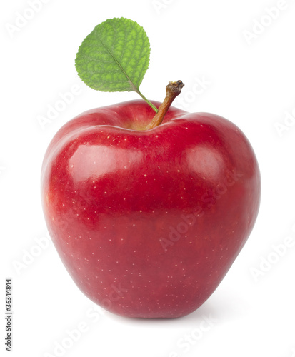 Red apple with leaves isolated on white