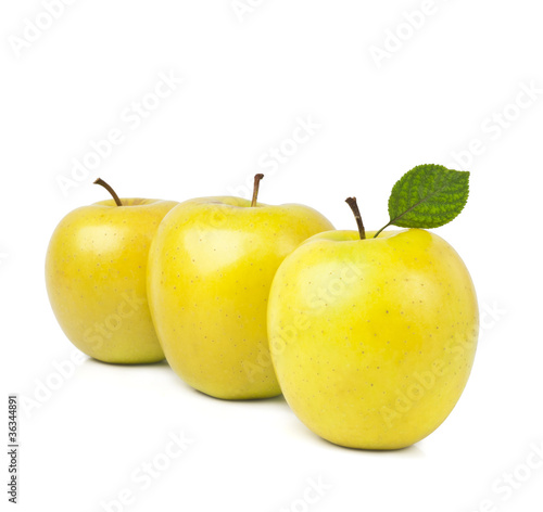 yellow apples with leaves isolated on white