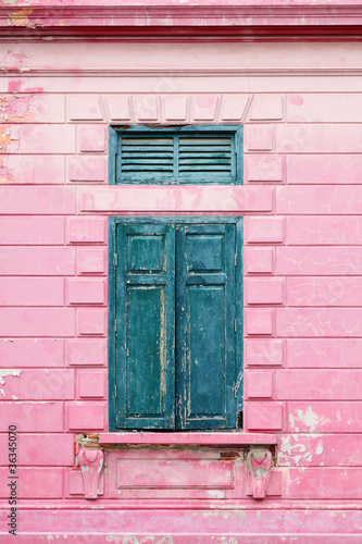 Vintage Green Window on Old Pink wall