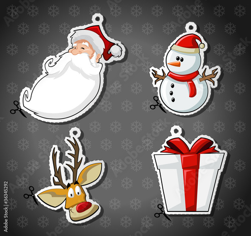 Labels of Santa Claus, reindeer, snowman, and christmas gift