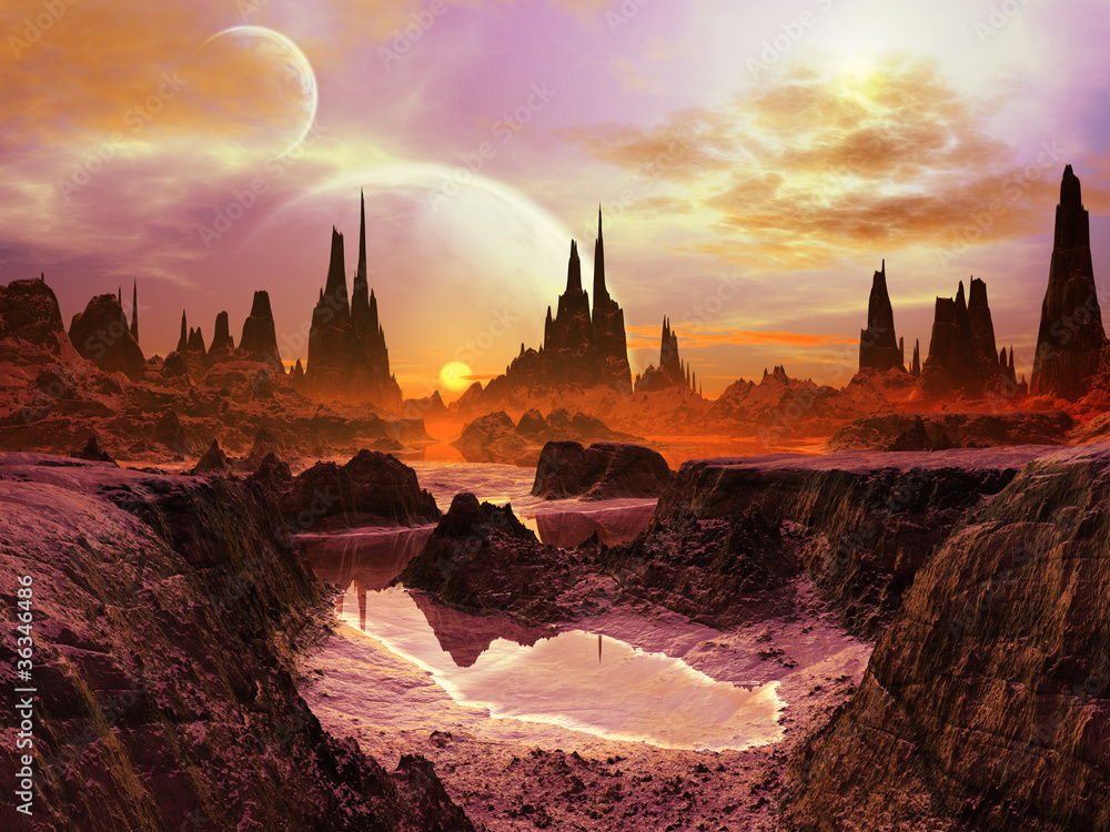 Fototapeta premium Dwa księżyce o zmierzchu na odległej planecie