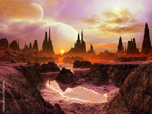 Fototapeta Naklejka Na Ścianę i Meble -  Two Moons at Twilight on Distant Planet