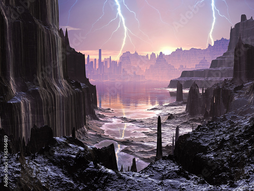 Fototapeta Naklejka Na Ścianę i Meble -  Violent Storm over Distant Alien City