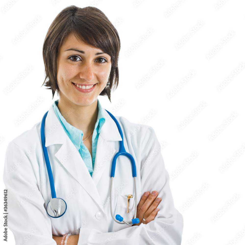 Friendly female doctor portrait. Isolated on white. Friendly female doctor portrait. Isolated on white.
